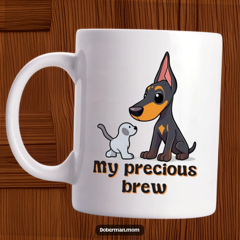 Funny Doberman mug showing a dog in a protective stance, intently guarding a toy, highlighting loyalty and humor.