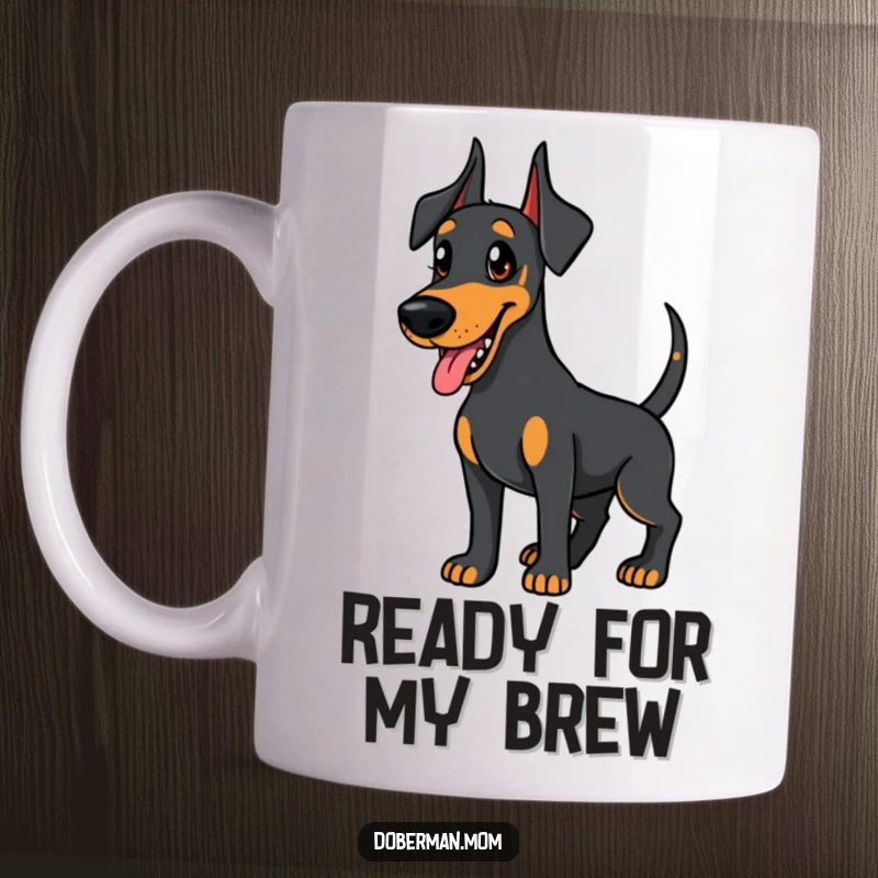 Funny Doberman mug, friendly dog wagging its tail enthusiastically, looking eager and happy to see you.