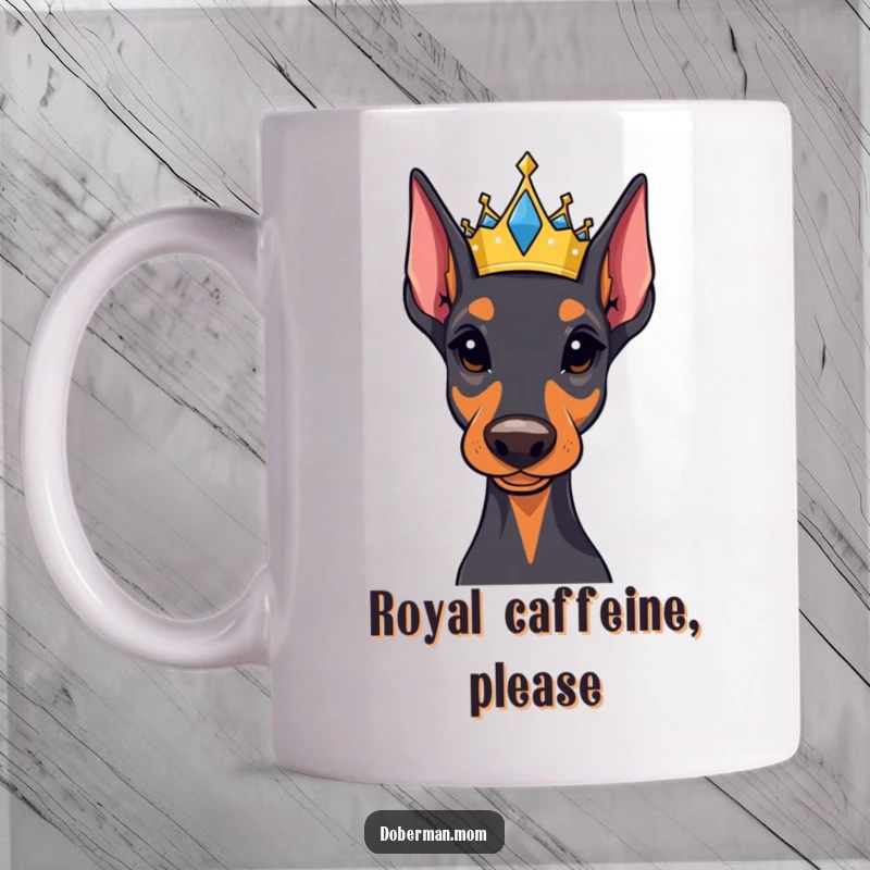 Funny Regal Doberman mug wearing a small, jeweled crown, exuding majestic charm and a noble, slightly amusing presence. A royal treat indeed.
