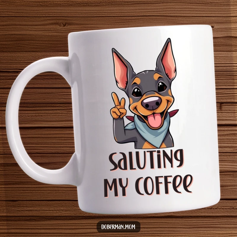 Funny Doberman Salute Mug: A smiling doberman wearing a bandana gives a playful salute, radiating loyalty and humor.