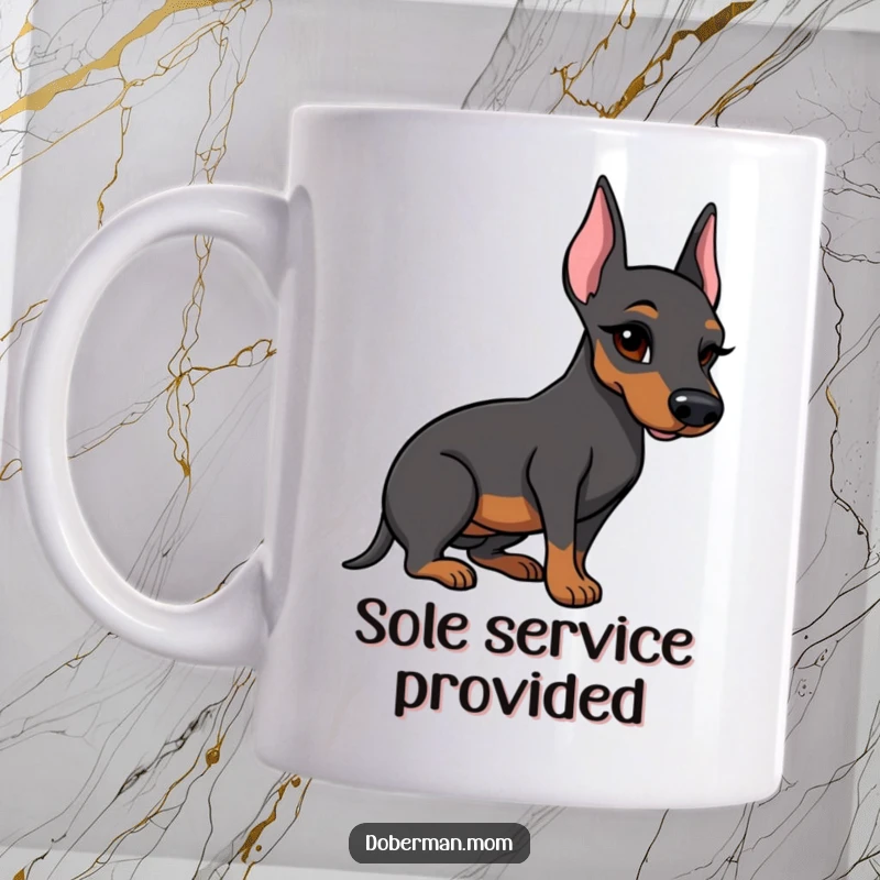Funny Doberman mug featuring a winking dog proudly presenting a single, shiny polished boot with a playful expression.
