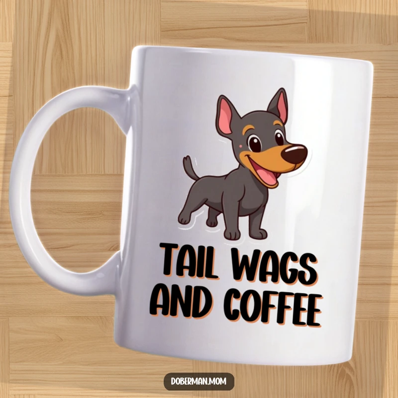 Funny Happy Doberman Mug: A joyful Doberman mid-bark, tail wagging with pure, playful energy.