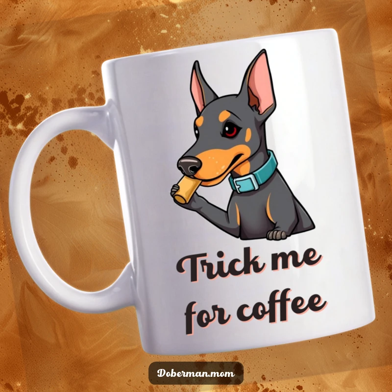 Funny Doberman mug featuring a stylishly collared dog playfully nudging towards a treat, expressing desire and cute mischief.