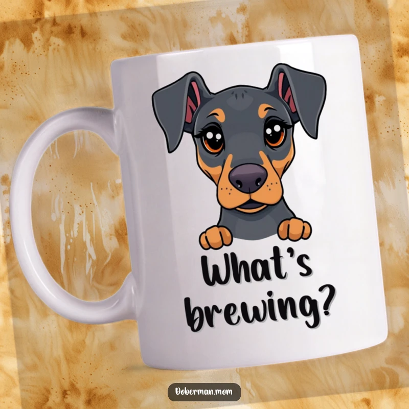 Funny Doberman mug with big, expressive eyes, looking intensely curious and inquisitive, perfect for dog lovers.