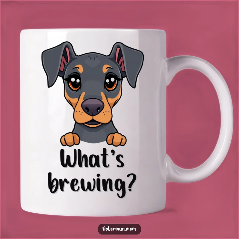 Curious Doberman Mug: Expressive Eyes Asking 'What Is It?' Funny Gift