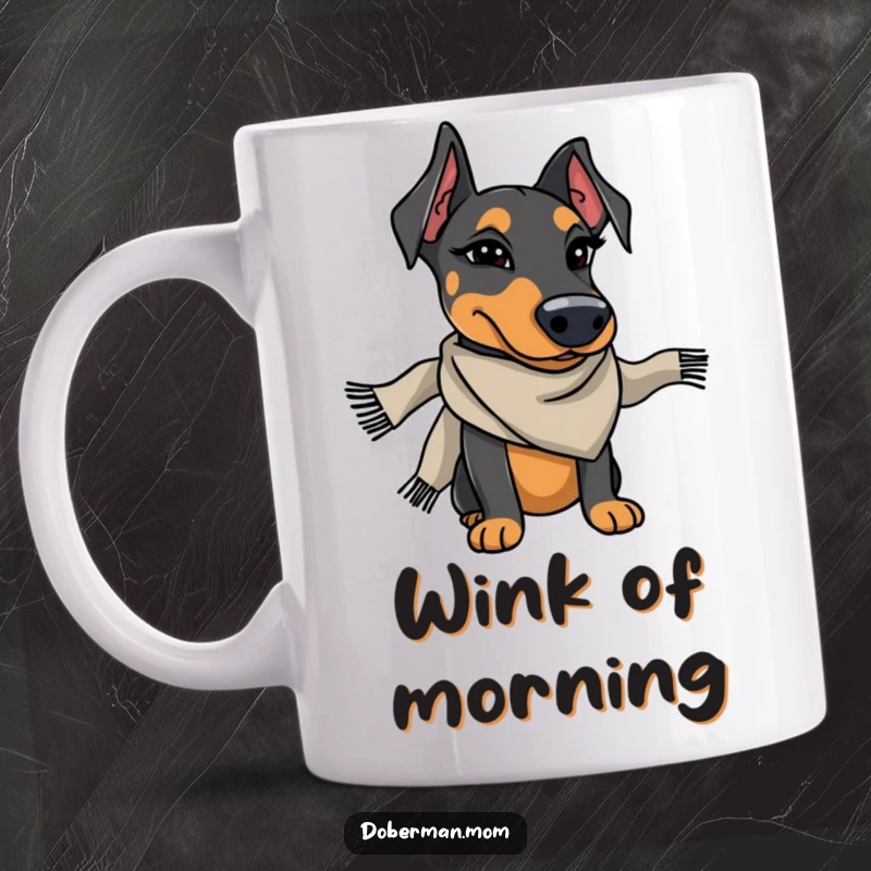 Funny Doberman wearing a stylish scarf, winking charmingly, a sophisticated and humorous mug for dog lovers.