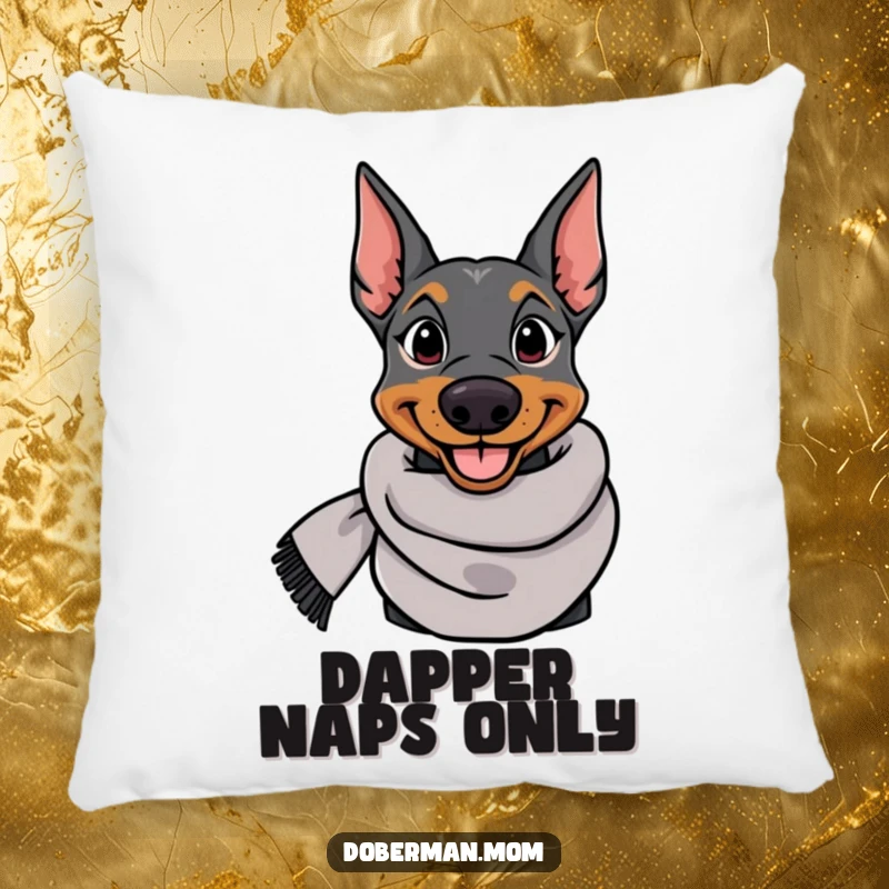 Funny Doberman pillow featuring a smiling, elegant dog in a stylish scarf, providing comfort with a humorous touch.