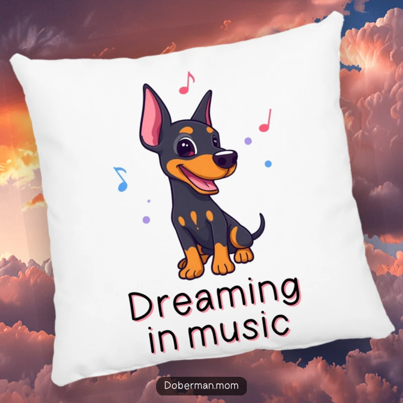 Funny decorative pillow featuring a Doberman dancing to a lively rhythm with musical notes, for cozy vibes.