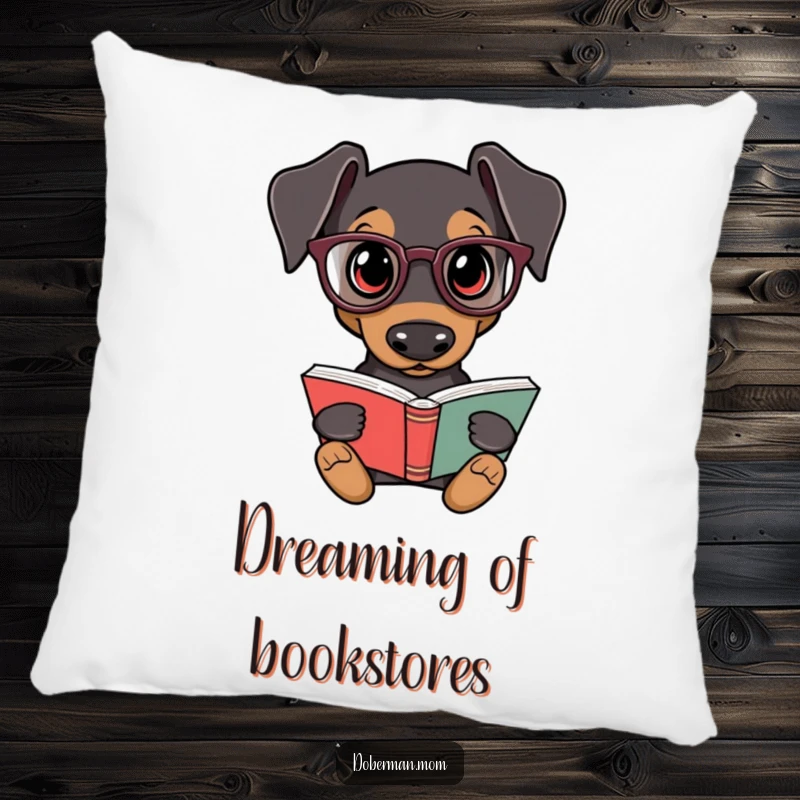 Funny Doberman Reading Pillow: A Doberman dog in reading glasses holds a book, offering comfort and a humorous literary touch.
