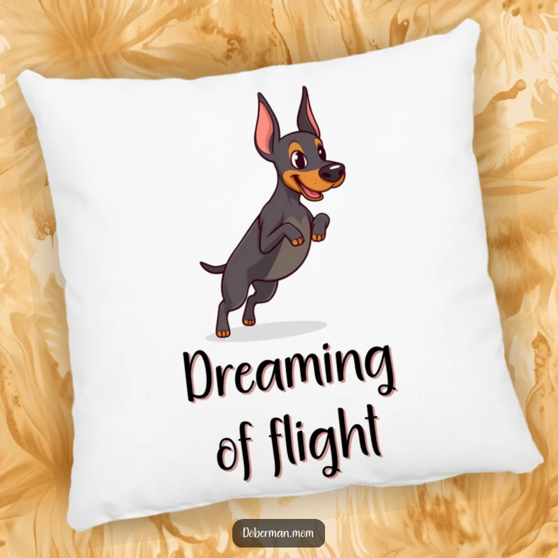 Funny Determined Doberman pillow featuring focused practice of a tiny jump, providing athletic comfort and humorous motivation.