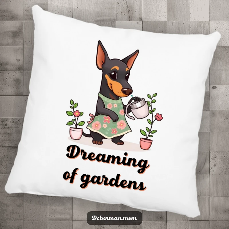 Funny Doberman Gardener Pillow of a Doberman dog wearing a floral apron, gently watering a small plant.
