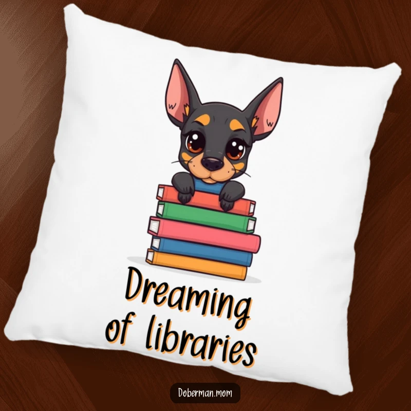 Funny Doberman Book Stack Pillow: a soft cushion featuring a determined dog balancing books; cozy and humorous decor.