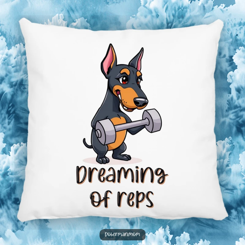 Funny Doberman pillow featuring a focused dog balancing a small dumbbell, adding a humorous touch to home decor.