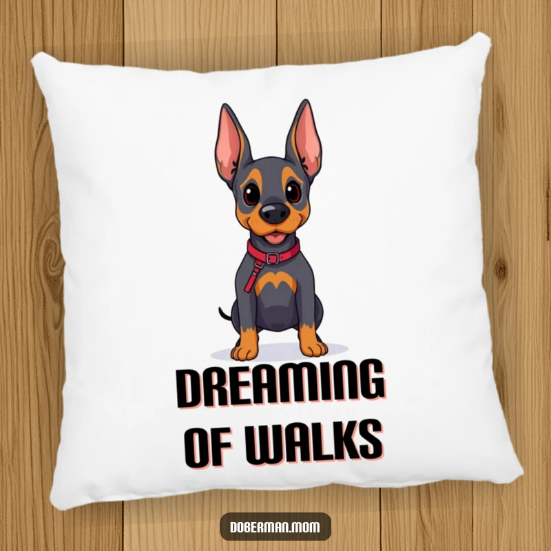 Funny Doberman Cozy Pillow: A hopeful Doberman dog with a leash looks onward, adding comfort and humor.