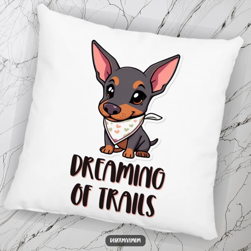 Funny pillow with a soft texture, depicting a Doberman dog wearing a tiny bandana, looking ready for adventure.