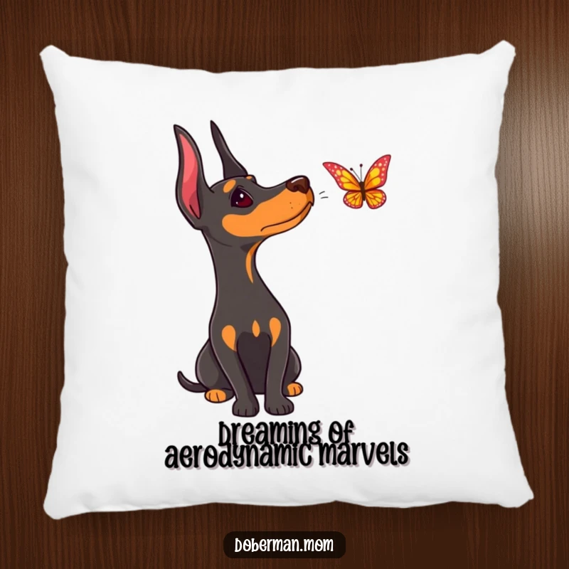 Funny Doberman pillow, featuring a dog with a curious head tilt, watching a butterfly flutter past.