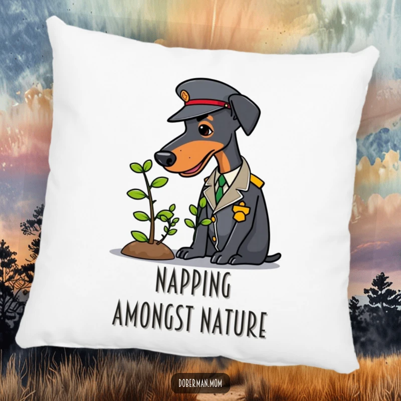 Uniformed Doberman gently tending a small sapling, featured on a soft and funny pillow.