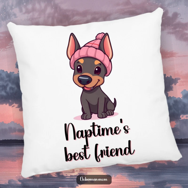 Funny Doberman hat wave pillow, cute Doberman in hat, waving hello, soft and decorative.