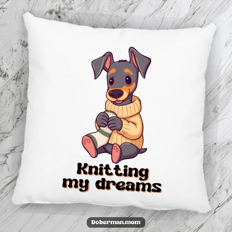 Funny Doberman wearing a cozy sweater, knitting a tiny sock, soft and decorative pillow.