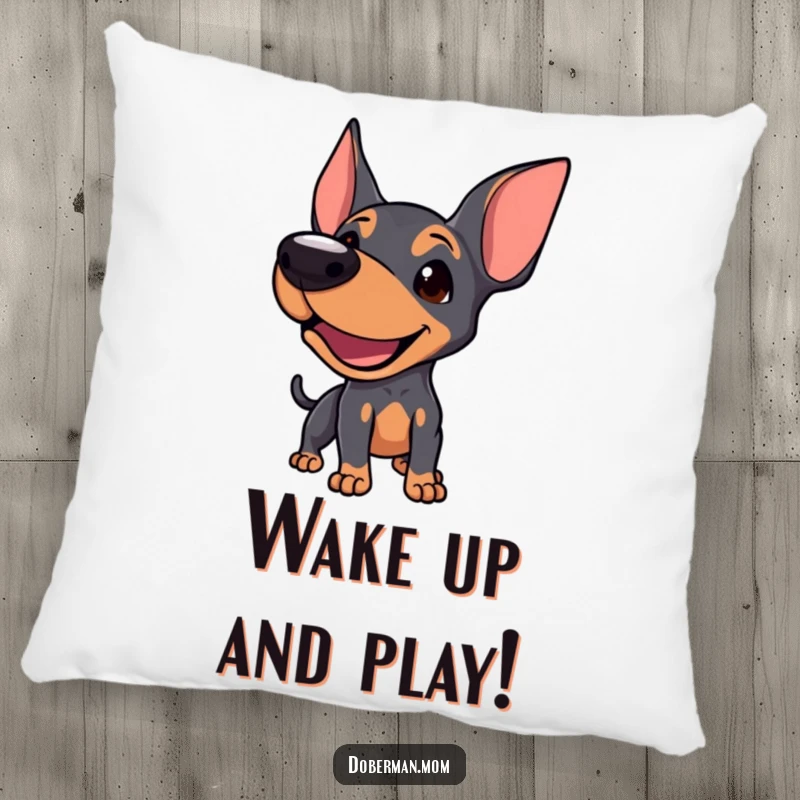 Funny Doberman pillow with a plush design of a dog letting out a playful bark, inviting cuddles and fun.