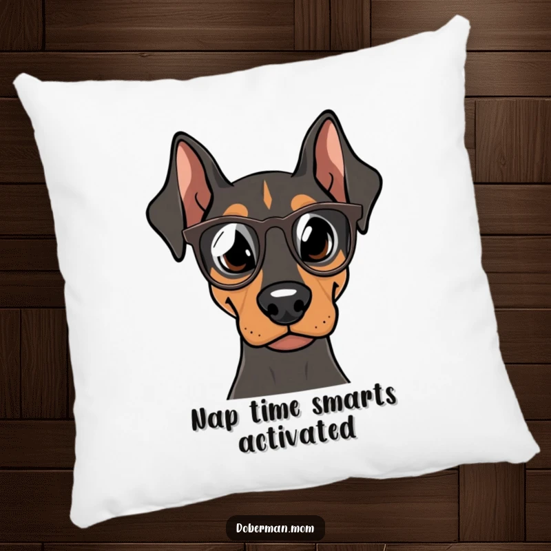 Funny Doberman Scholar Pillow, a studious dog wearing tiny spectacles, soft and decorative, ideal funny gift for couch comfort.