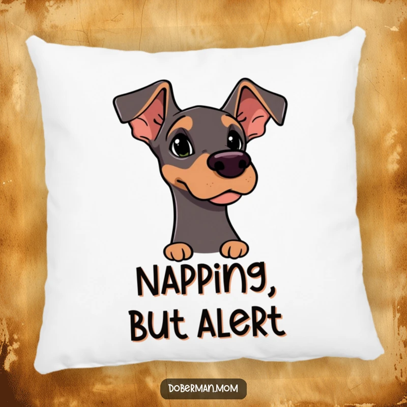 Funny Pillow: Doberman character with alert ears, curiously sniffing the air, offering comfort and a hint of mystery.