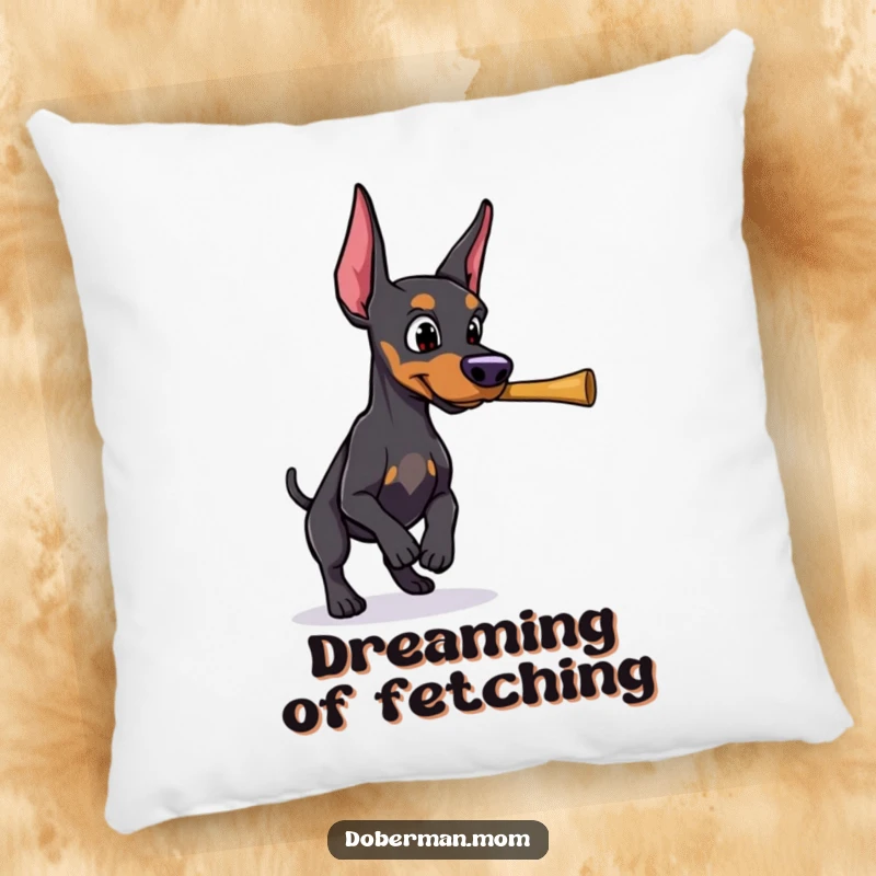 Soft pillow featuring a funny Doberman with a determined gaze, retrieving a thrown stick, bringing action to your decor.