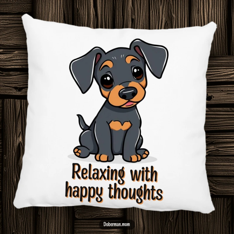 Funny Doberman pillow featuring an alert dog gently wagging its tail, offering comfort and a symbol of subtle, happy affection.