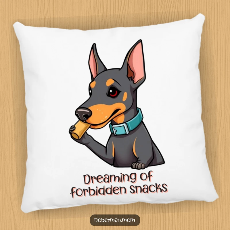 Funny Doberman pillow featuring a dog in a fashionable collar playfully nudging a treat, offering comfort and cute, humorous charm.