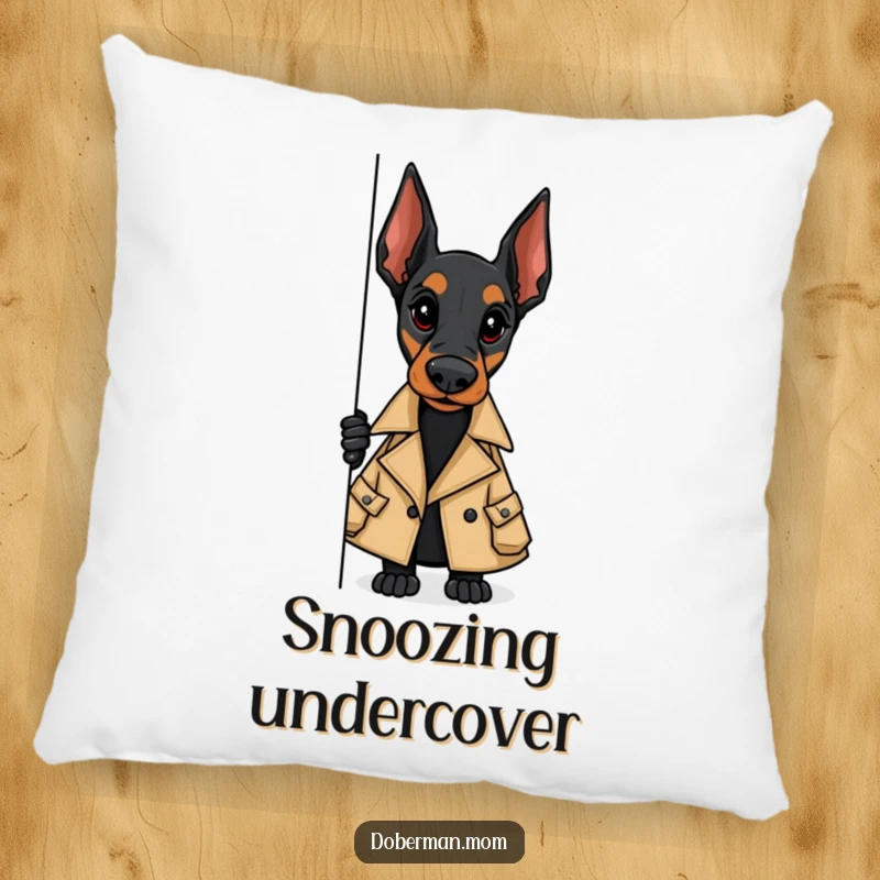 Funny pillow showcasing a Doberman in a trench coat, peeking from behind a corner, offering humorous spy comfort.