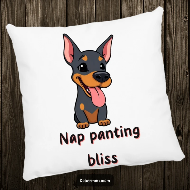 Funny pillow with a soft texture, depicting a Doberman dog with its tongue sticking out slightly, panting happily.