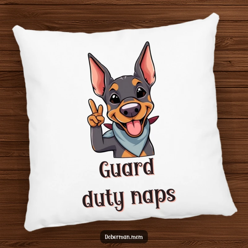 Funny Doberman Salute Pillow: A smiling doberman with a bandana gives a playful salute, offering comfort and humor.