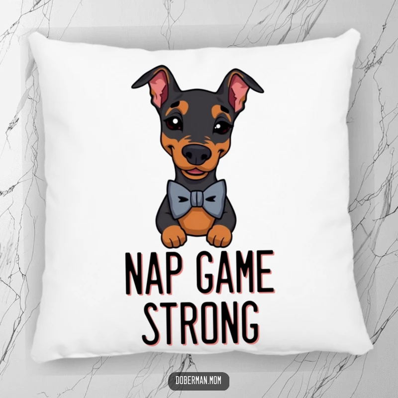 Funny Doberman Bow Tie Wink Pillow: a soft cushion featuring a dapper dog in a bowtie winking; charming and humorous home decor.