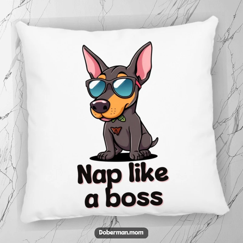 Funny Doberman sunglasses pillow featuring a dog in cool shades striking a confident pose, soft and stylish home accent.