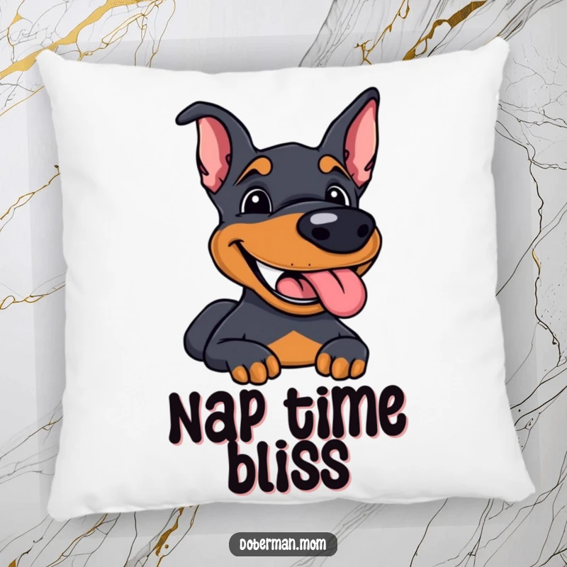 Funny Doberman pillow featuring a plush design of a dog with a happy grin and panting tongue, offering comfort.