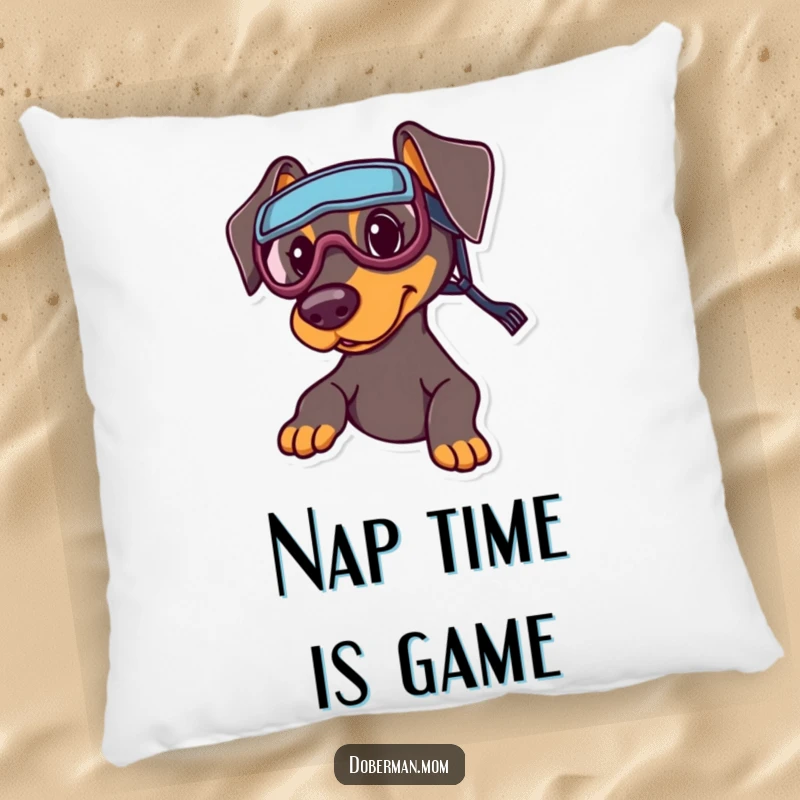 Funny Sports Doberman Pillow: A plush pillow showing a Doberman with tiny sports goggles, ready for playtime comfort.