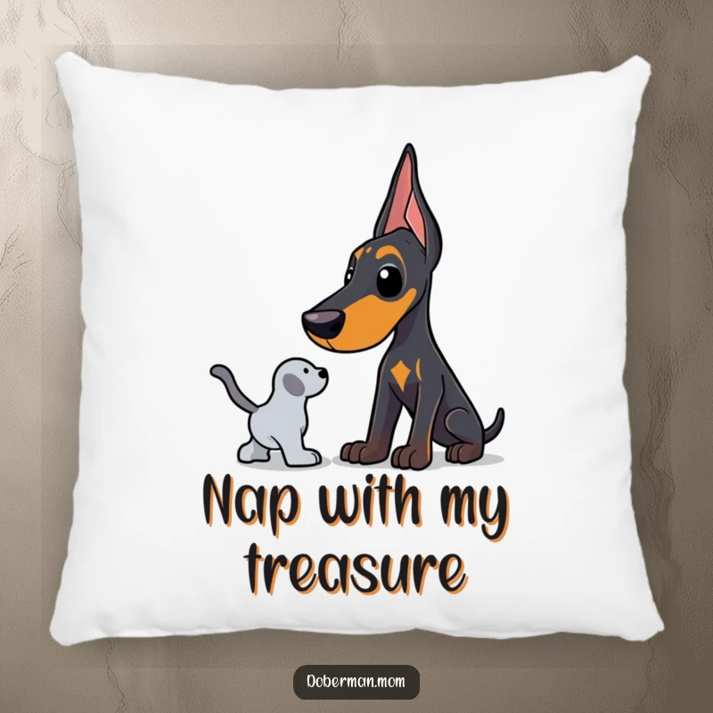 Funny Doberman pillow showing a dog in a protective stance, watching over a toy, adding comfort and humorous loyalty.