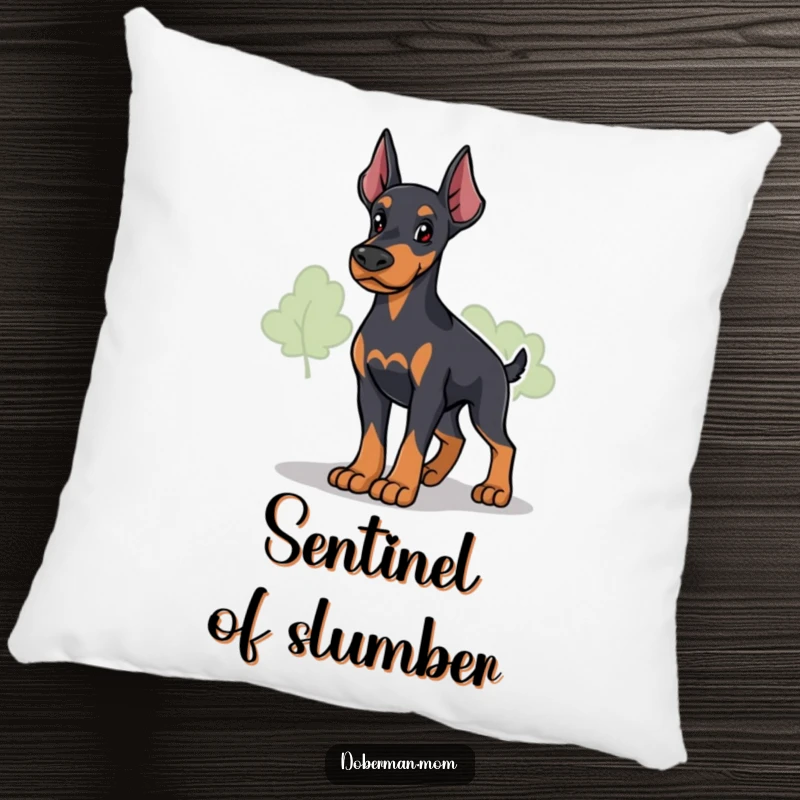 Funny Loyal Doberman Guardian Pillow: a soft cushion featuring a protective dog surveying its surroundings; humorous and comforting decor.