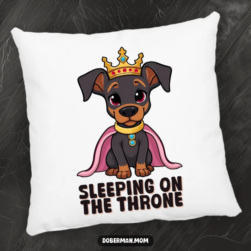 Funny decorative pillow featuring a majestic Doberman wearing a crown, posing confidently, for cozy luxury.