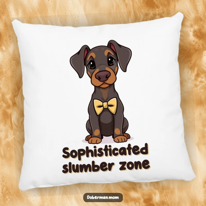 Funny Doberman standing proudly wearing a tiny, elegant bow tie, featured on a soft decorative pillow.