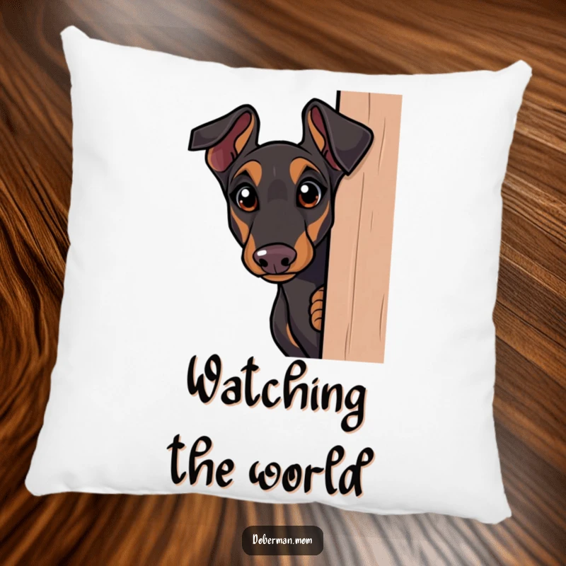 Funny Doberman pillow, curious dog peeking around a corner with wide eyes, humorous and cozy decor for any room.