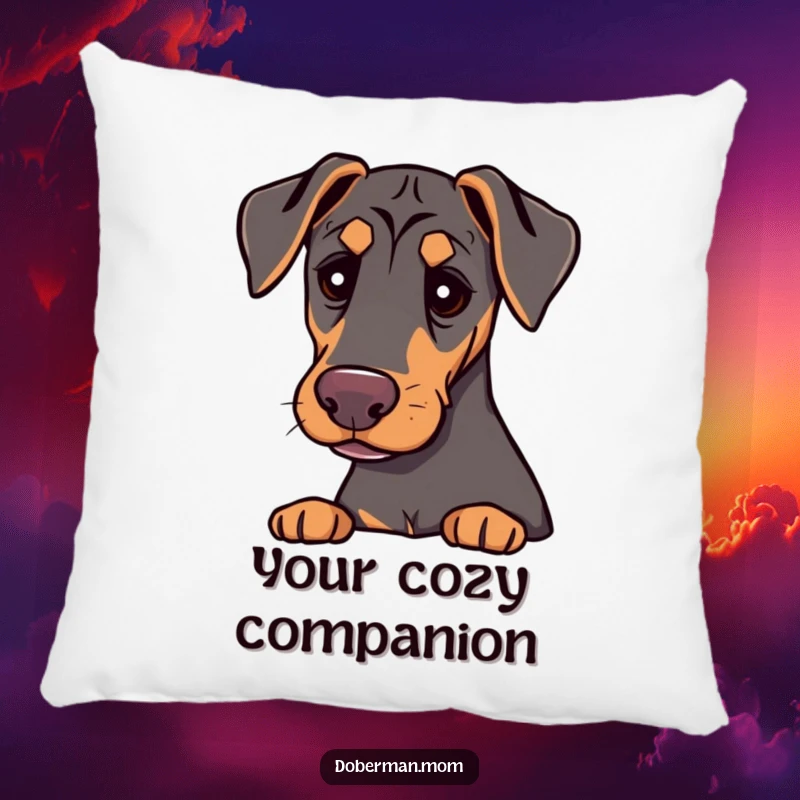 Soft pillow featuring a funny Doberman with gentle eyes, offering a comforting presence, bringing calm to your decor.