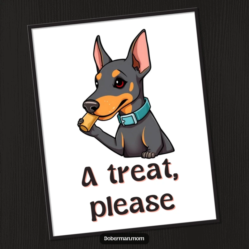 Funny Doberman digital art print of a dog in a fashionable collar playfully nudging a treat, adding cute and humorous charm to wall decor.