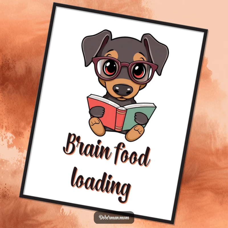 Funny Doberman Scholar Digital Print: A Doberman dog wears reading glasses and holds a book, symbolizing intellectual humor.