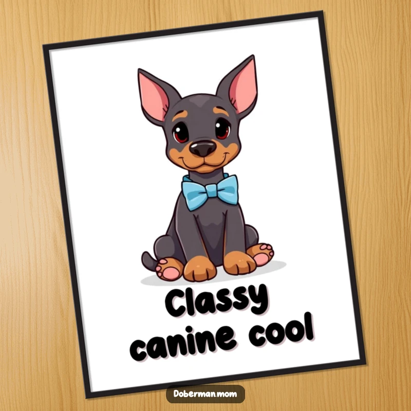 Funny Doberman digital art print of an attentive dog wearing a bow tie, adding sophisticated humor and elegance to wall decor.