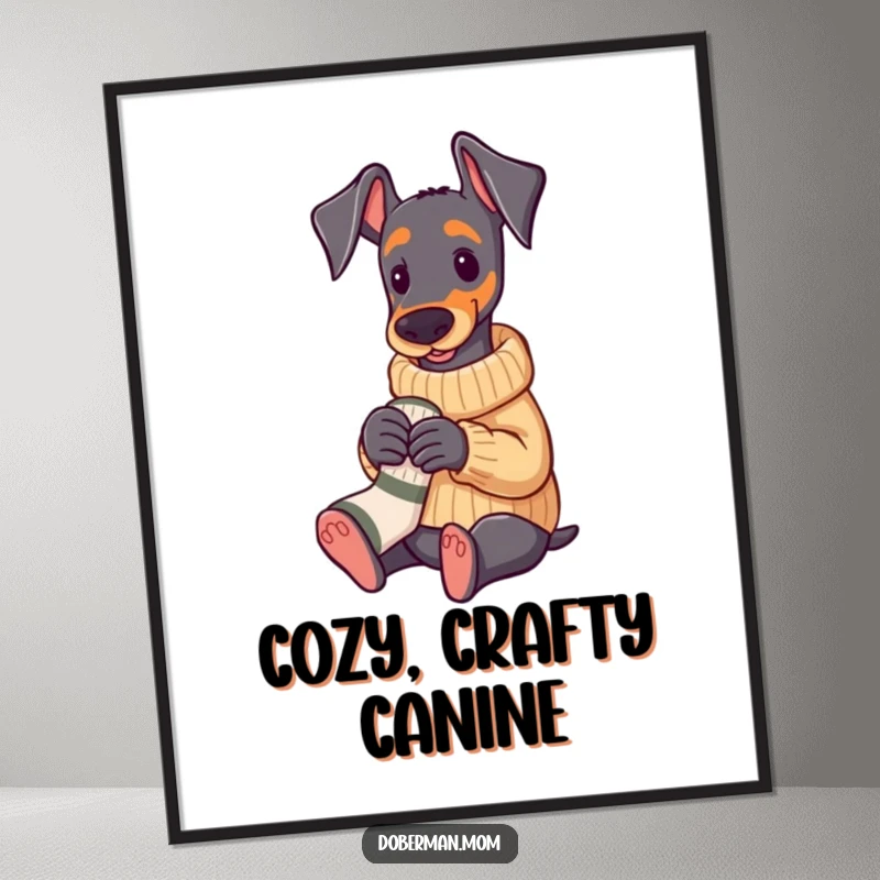 Funny Doberman in a cozy sweater knitting a tiny sock, printable digital art.