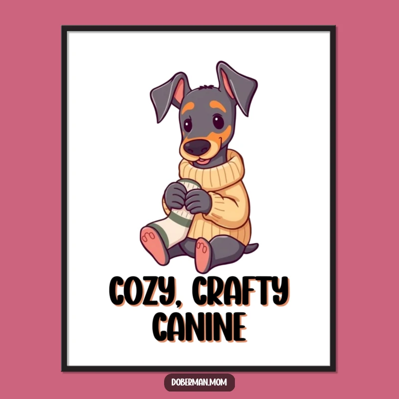 Funny Doberman Knitting Digital Art: Cozy Pup Downloadable Print