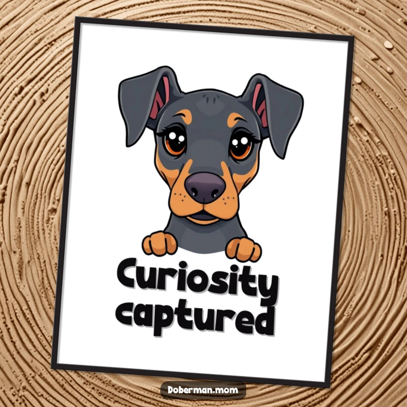Funny Doberman digital art print featuring a dog with highly expressive, curious eyes, ready to add charm and humor.