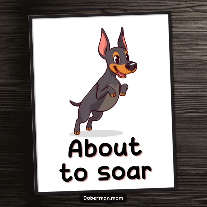 Funny Determined Doberman digital art print showing focused practice of a tiny jump, ideal for instant printable wall art with athletic humor.