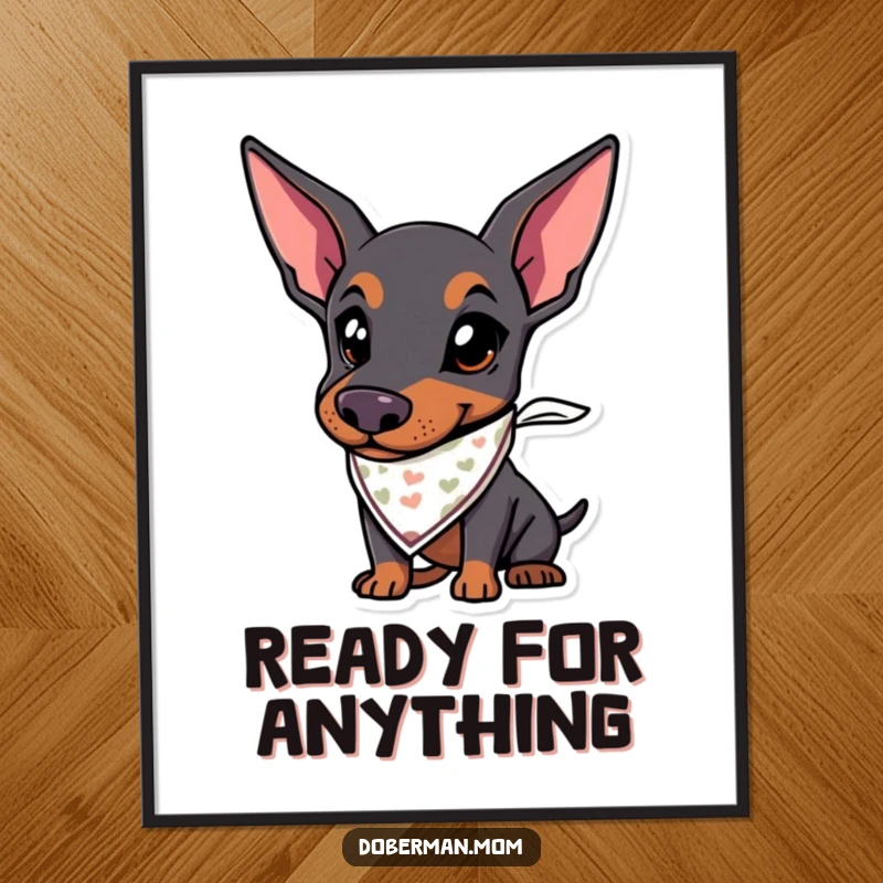 Funny digital art print of a Doberman dog wearing a tiny bandana, looking determined and ready for adventure.